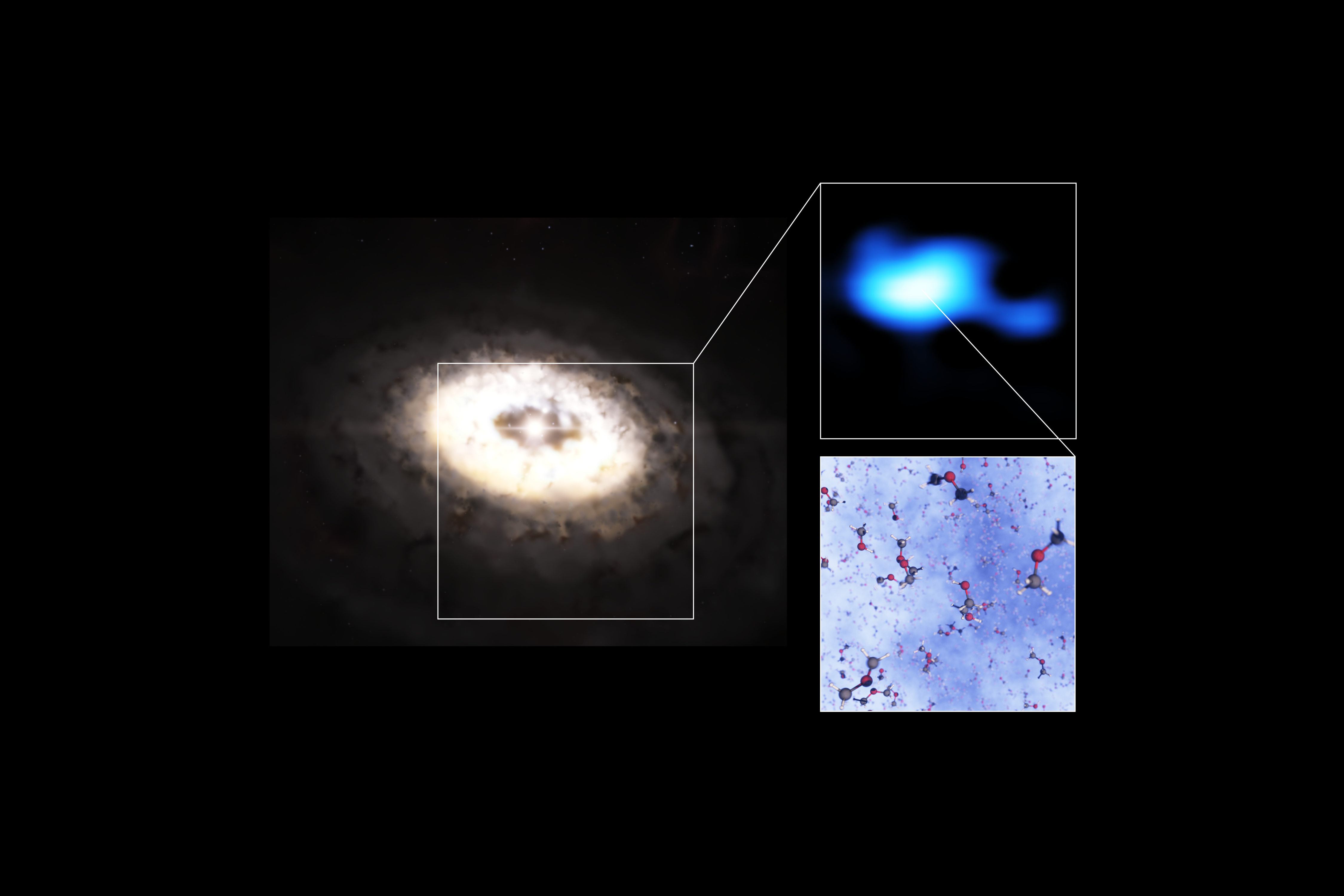 This composite image features an artistic impression of the planet-forming disc around the IRS 48 star, also known as Oph-IRS 48. The disc contains a cashew-nut-shaped region in its southern part, which traps millimetre-sized dust grains that can come together and grow into kilometre-sized objects like comets, asteroids and potentially even planets. Recent observations with the Atacama Large Millimeter/submillimeter Array (ALMA) spotted several complex organic molecules in this region, including dimethyl ether, the largest molecule found in a planet-forming disc to date. The emission signaling the presence of this molecule (real observations shown in blue) is clearly stronger in the disc’s dust trap. A model of the molecule is also shown in this composite. Credit: ESO/L. Calçada, ALMA (ESO/NAOJ/NRAO)/A. Pohl, van der Marel et al., Brunken et al.