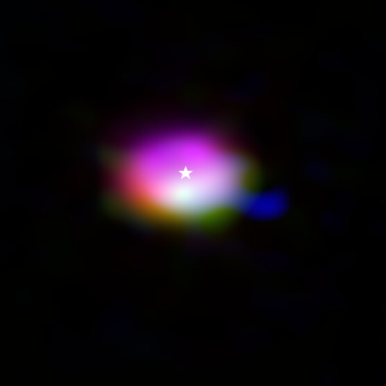 This composite image from the Atacama Large Millimeter/submillimeter Array (ALMA) shows where various gas molecules were found in the disc around the IRS 48 star, also known as Oph-IRS 48. The disc contains a cashew-nut-shaped region in its southern part, which traps millimetre-sized dust grains that can come together and grow into kilometre-sized objects like comets, asteroids and potentially even planets. Recent observations spotted several complex organic molecules in this region, including formaldehyde (orange), methanol (green) and dimethyl ether (blue), the last being the largest molecule found in a planet-forming disc to date. The emission signaling the presence of these molecules is clearly stronger in the disc’s dust trap, while carbon monoxide gas (purple) is present in the entire gas disc. The location of the central star is marked with a star. Credit: ALMA (ESO/NAOJ/NRAO)/A. Pohl, van der Marel et al., Brunken et al.