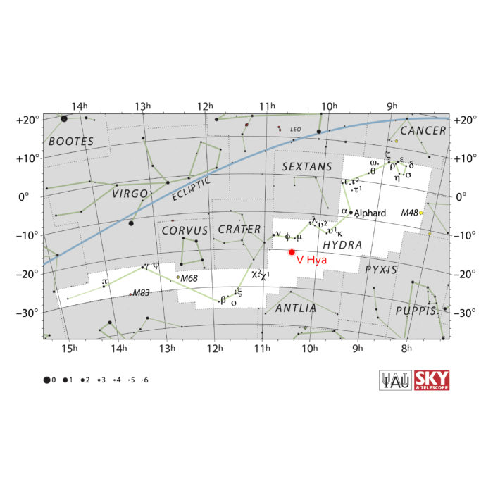 V Hydrae is a carbon-rich star located 1,300 light-years away in the constellation Hydra. It is the subject of recent observations revealing the violent deaths of stars, which include, in the case of V Hya, explosive ejections of plasma into space that shape the structural environment around the star. Credit: IAU and Sky & Telescope