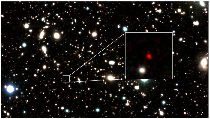 Three-color image of HD1, the most distant galaxy candidate to date, created using data from the VISTA telescope. The red object in the center of the zoom-in image is HD1. Credit: Harikane et al.