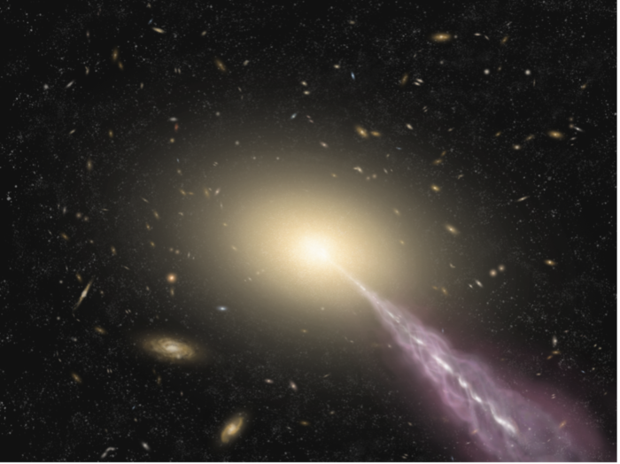 Artist's impression of a giant galaxy with a high-energy jet. Credit: ALMA (ESO/NAOJ/NRAO)