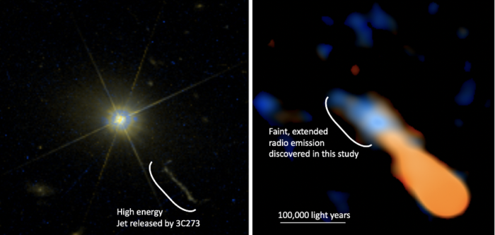 Quasar 3C273 observed by the Hubble Space Telescope (HST) (left). The exceeding brightness results in radial leaks of light created by light scattered by the telescope. At the lower right is a high-energy jet released by the gas around the central black hole. | Radio image of 3C273 observed by ALMA, showing the faint and extended radio emission (in blue-white color) around the nucleus (right). The bright central source has been subtracted from the image. The same jet as the image on the left can be seen in orange. Credit: Komugi et al., NASA/ESA Hubble Space Telescope