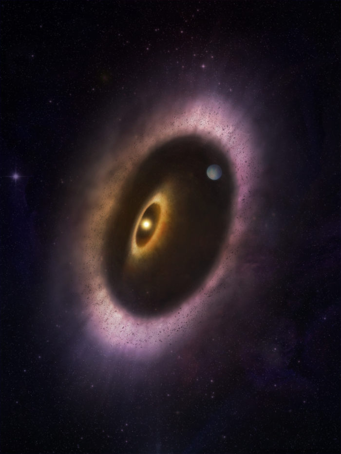 Artist's impression of the billion-year-old Sun-like star, HD 53143, and its highly eccentric debris disk. The star and a second inner disk are shown near the southern foci of the elliptical debris disk. A planet, which scientists assume is shaping the disk through gravitational force, is shown to the north. Debris disks are the fossils of planetary formation. Since we can't directly study our disk— also known as the Kuiper Belt— scientists glean information about the formation of our Solar System by studying those we can see from a distance. Credit: ALMA (ESO/NAOJ/NRAO); M. Weiss (NRAO/AUI/NSF)