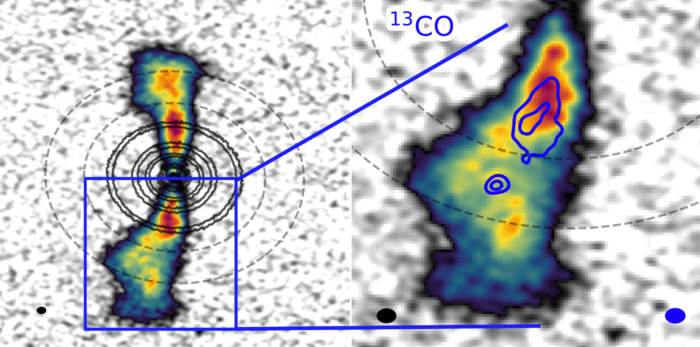 Los científicos que estudian la joven estrella AS 209 han detectado por primera vez gas en un disco circunplanetario, lo que sugiere que el sistema estelar puede albergar un planeta muy joven de la masa de Júpiter. Las imágenes científicas de la investigación muestran (derecha) emisiones de luz similares a manchas que provienen de espacios vacíos en el disco altamente estructurado de siete anillos (izquierda). Crédito: ALMA (ESO/NAOJ/NRAO), J. Bae (U. Florida)