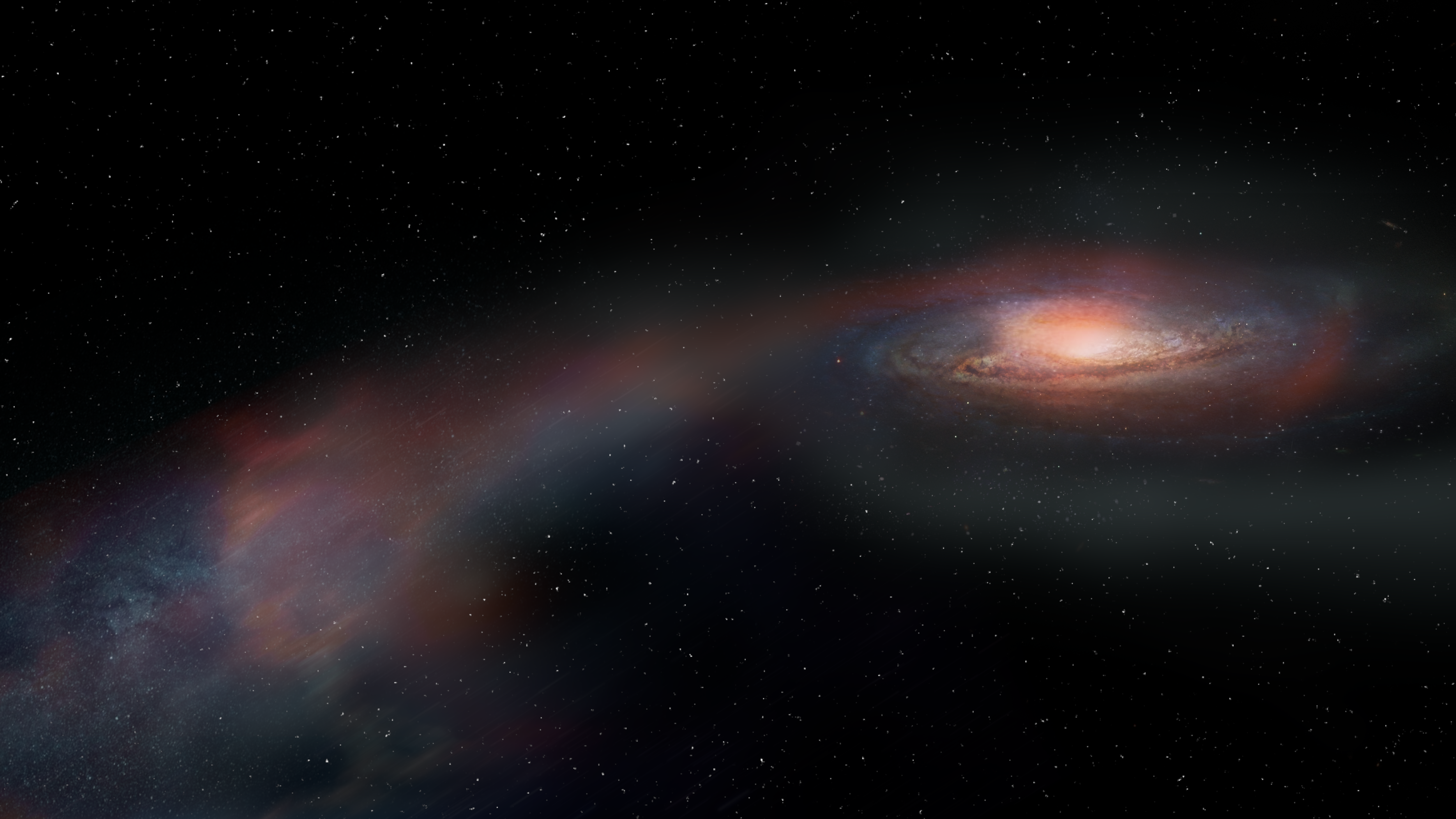 El equipo científico que observó la galaxia recientemente inactiva SDSS J1448+1010 descubrió que la mayor parte de su combustible de formación de estrellas había sido expulsado del sistema cuando se fusionó con otra galaxia. Ese gas no está formando nuevas estrellas para la galaxia, sino que permanece cerca en nuevas estructuras conocidas como colas de marea. Esta impresión artística muestra la corriente de gas y estrellas que fueron expulsadas de la galaxia masiva durante su fusión. Crédito: ALMA (ESO/NAOJ/NRAO), S.Dagnello (NRAO/AUI/NSF)