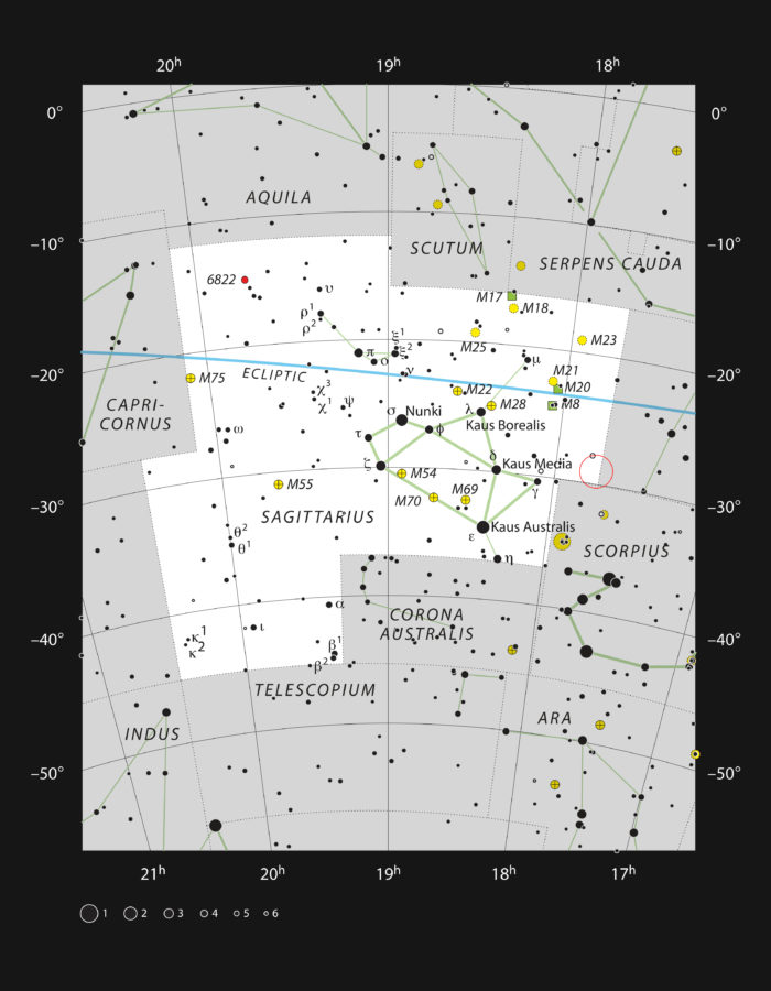 Este mapa muestra la ubicación del campo de visión dentro del cual reside Sagitario A* — el hogar del agujero negro está marcado con un círculo rojo dentro de la constelación de Sagitario (el Arquero). Este mapa muestra la mayoría de las estrellas visibles a simple vista bajo buenas condiciones. Crédito: ESO, IAU and Sky & Telescope