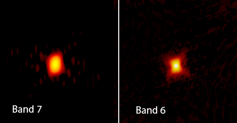 La estrella masiva MWC 349A es una de las fuentes de radio más luminosas del cielo. Sin embargo, a 3,900 años luz de distancia, el equipo científico necesitó ayuda para poder observarla de forma adecuada y, en este caso, descubrir un chorro saliendo del disco de gas de la estrella a 500 km/s. Este chorro se encontraba oculto entre los vientos que soplan hacia fuera de la estrella, pero fue descubierto gracias a la capacidad de resolución de la Banda 6 (a la derecha) y la Banda 7 (a la izquierda) de ALMA y a los máseres de hidrógeno, unos láseres que se generan naturalmente y amplifican las emisiones de radio en microondas, mostrada en esta imagen científica de ALMA. El hallazgo podría ayudar a la comunidad científica a entender mejor la naturaleza y la evolución de las estrellas masivas. Créditos: ALMA (ESO/NAOJ/NRAO), S. Prasad/CfA