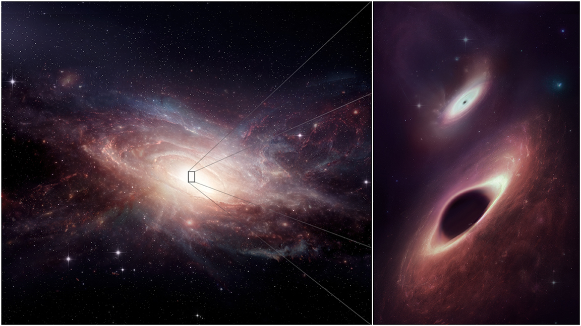 Las observaciones realizadas con el Atacama Large Millimeter/submillimeter Array (ALMA) para estudiar las profundidades del centro de un par de galaxias en colisión conocidas como UGC 4211 permitieron detectar dos agujeros negros en pleno crecimiento separados por tan solo 750 año luz de distancia. Esta ilustración muestra las últimas etapas de fusión de dos galaxias y sus dos agujeros negros centrales. Los agujeros negros binarios presentan la menor separación que se haya observado a la fecha en longitudes de onda múltiples. Crédito: ALMA (ESO/NAOJ/NRAO); M. Weiss (NRAO/AUI/NSF)