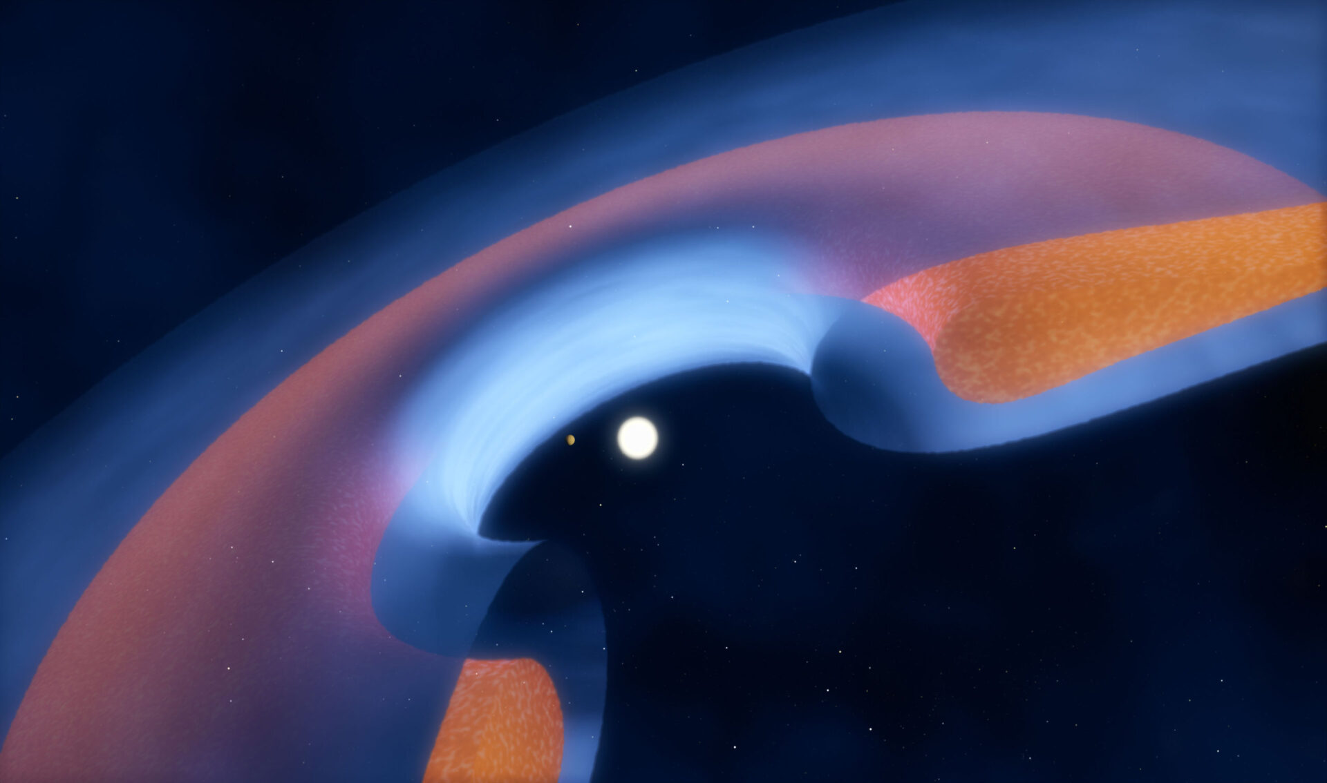 <p>Schematic view of a transitional disc around a young star<br />
This schematic diagram shows how the dust (brown) and gas (blue) is distributed around the star, and how a young planet is clearing the central gap. Credit: ALMA (ESO/NAOJ/NRAO)/M. Kornmess</p>
