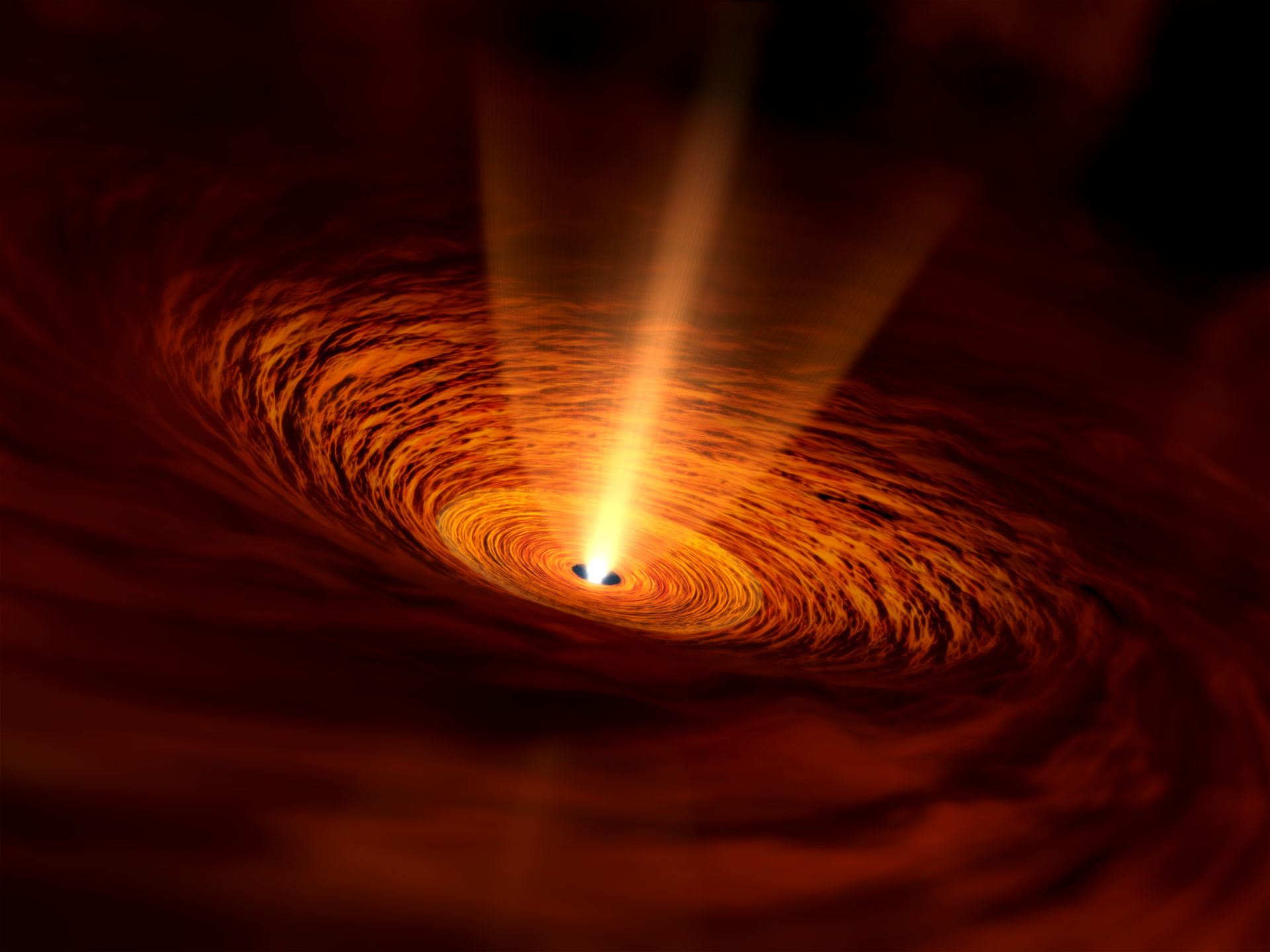 <p>Representación artística de la joven estrella TMC-1A. La estrella se encuentra en el centro y está rodeada de un disco de gas que gira, envuelto a su vez en una nube de gas que fluye hacia el disco. Créditos: NAOJ</p>
