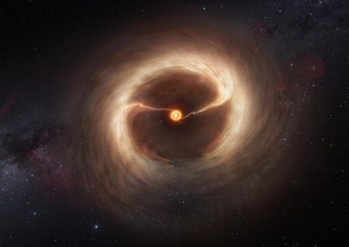 This artist’s impression shows the disc of gas and cosmic dust around the young star HD 142527. Astronomers using the Atacama Large Millimeter/submillimeter Array (ALMA) telescope have seen vast streams of gas flowing across the gap in the disc. These are the first direct observations of these streams, which are expected to be created by giant planets guzzling gas as they grow, and which are a key stage in the birth of giant planets. Credit: ALMA (ESO/NAOJ/NRAO)/M. Kornmesser (ESO)/Nick Risinger (skysurvey.org)