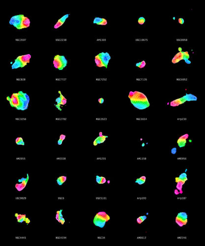 Each of the colourful objects in this image illustrates one of 30 merging galaxies. The contours in the individual galaxies show the signal strength from carbon monoxide while the colour represents the motion of gas. Gas that is moving away from us appears red while the blue colour shows gas that is approaching. The contours together with the transition from red to blue indicate a gaseous disc that is rotating about the centre of the galaxy.