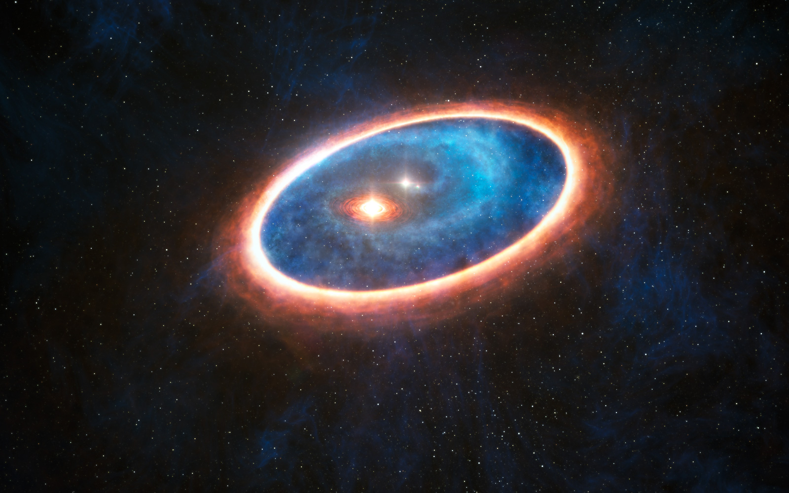 <p>This artist’s impression shows the dust and gas around the double star system GG Tauri-A. Researchers using ALMA have detected gas in the region between two discs in this binary system. This may allow planets to form in the gravitationally perturbed environment of the binary. Half of Sun-like stars are born in binary systems, meaning that these findings will have major consequences for the hunt for exoplanets. Credit: ESO/L. Calçada</p>
