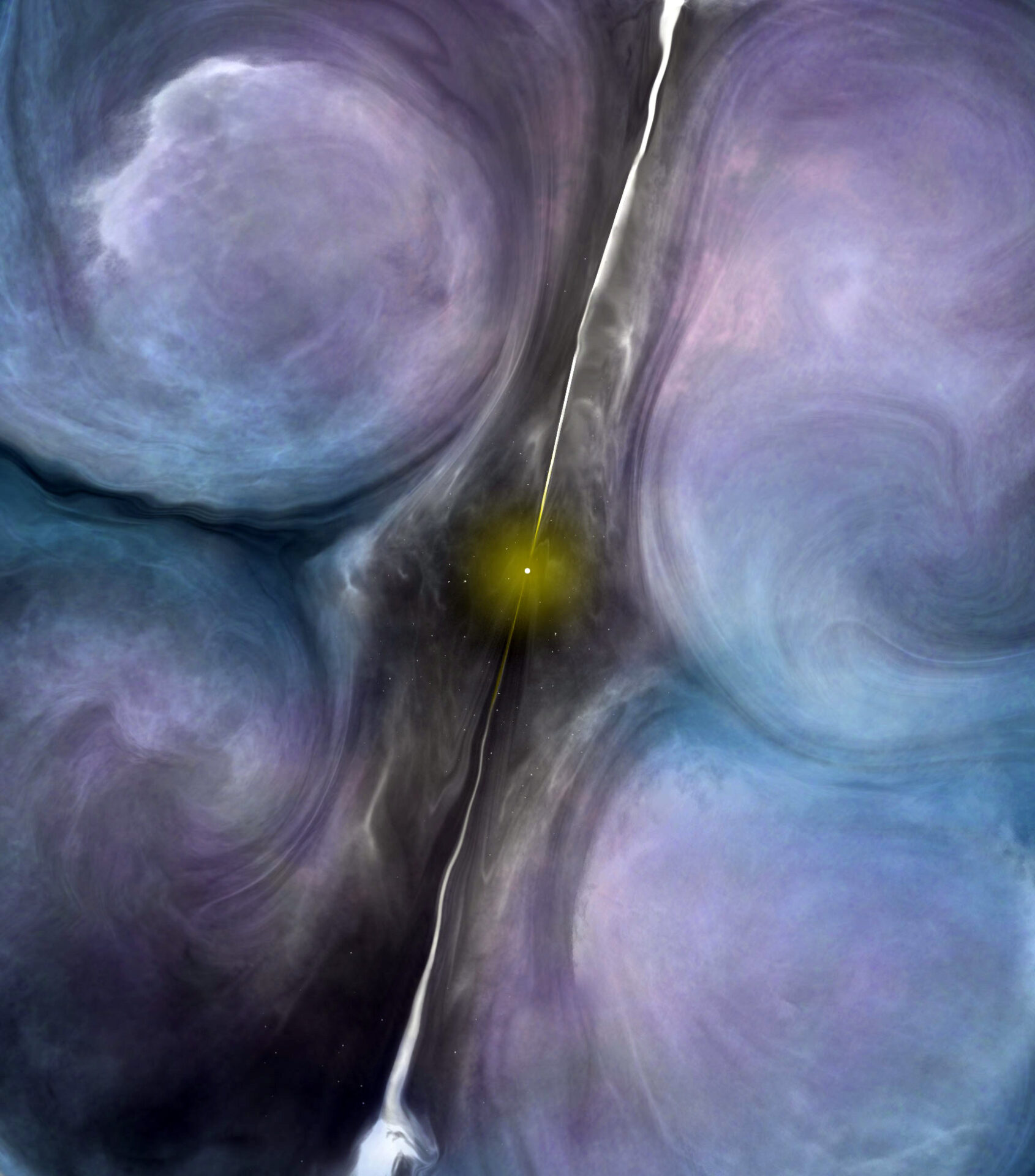 <p> Artist impression of the central region of NGC 1266. The jets from the central black hole are creating turbulence in the surrounding molecular gas, suppressing star formation in an otherwise ideal environment to form new stars. Credit: B. Saxton (NRAO/AUI/NSF)</p>
