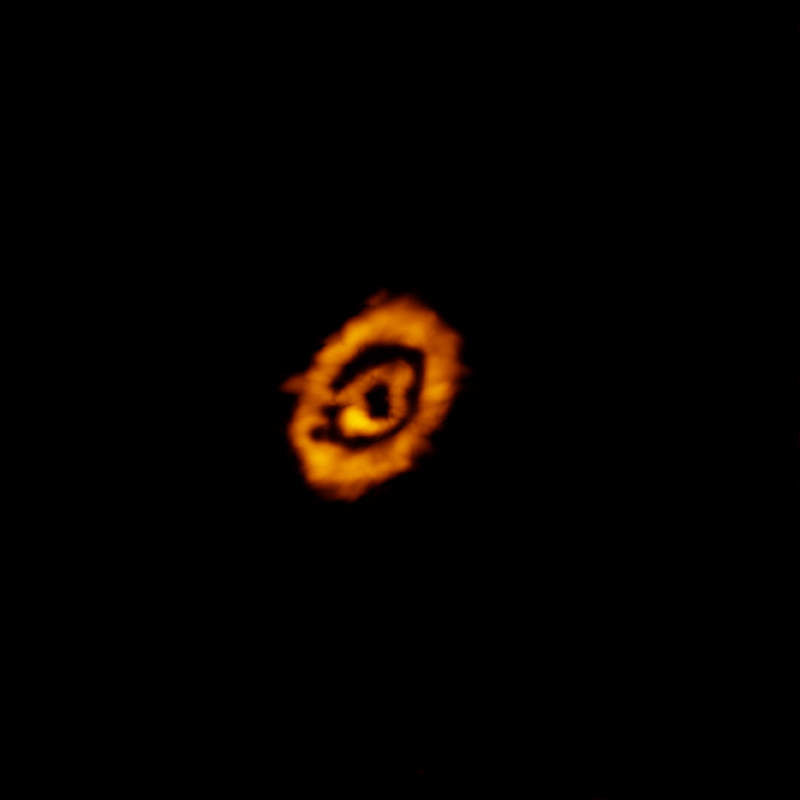<p>Imagen obtenida con ALMA de los dos anillos de DCO+ que circundan la estrella IM Lup. Los anillos revelan detalles sobre las condiciones de este joven disco protoplanetario. La existencia del anillo externo fue una sorpresa, y arroja nuevas luces sobre la formación de moléculas pesadas (las que contienen deuterio) en este sistema y otros similares. Créditos: K. Oberg, CfA; ALMA (NRAO/ESO/NAOJ); B. Saxton (NRAO/AUI/NSF)</p>
