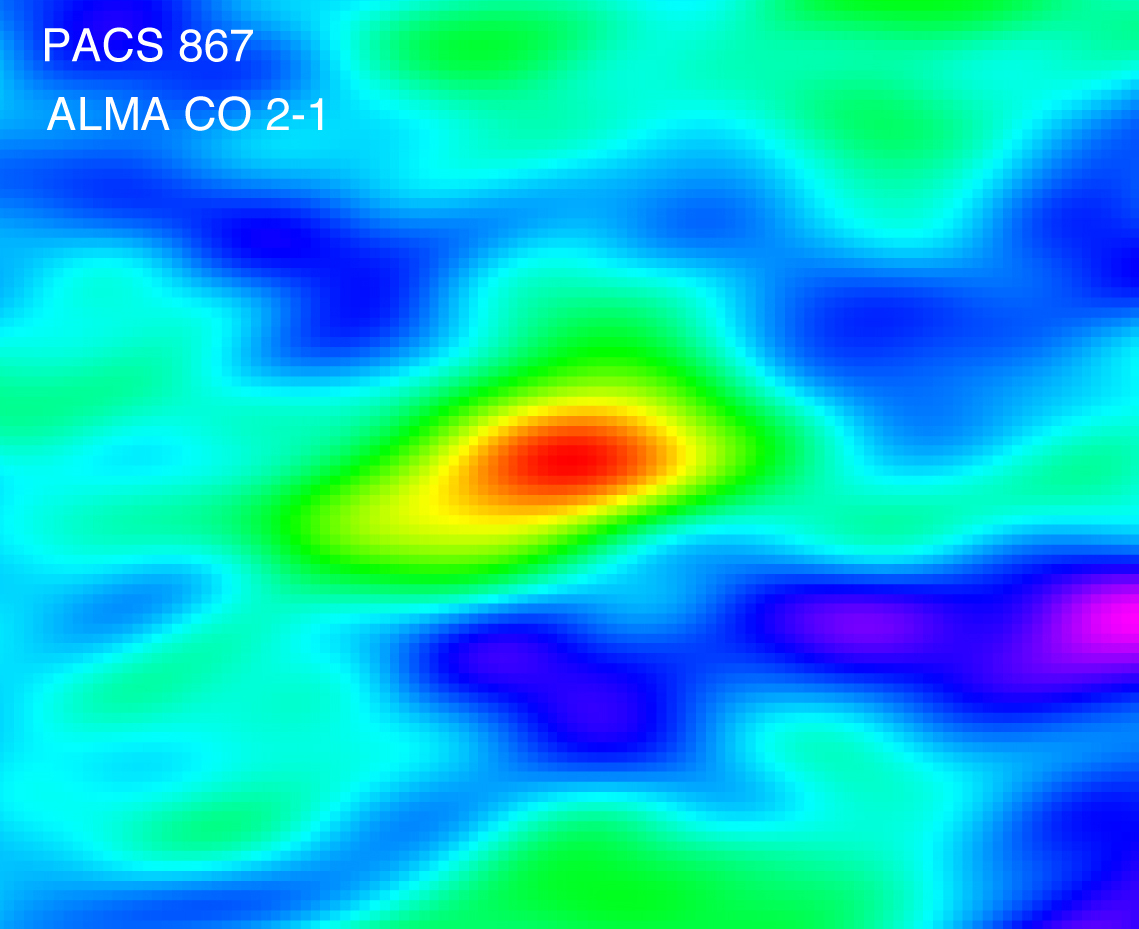 <p>Mapa de la galaxia PACS-876 captada por ALMA, en el cual la emisión de monóxido de carbono (CO) muestra las reservas de gas molecular desde las que se forman las estrellas. Crédito: ALMA (ESO/NAOJ/NRAO), J. Silverman (Kavli IPMU)</p>
<p>Ⓒ ALMA (ESO/NAOJ/NRAO)<br />
Ⓒ ALMA (ESO/NAOJ/NRAO)</p>
