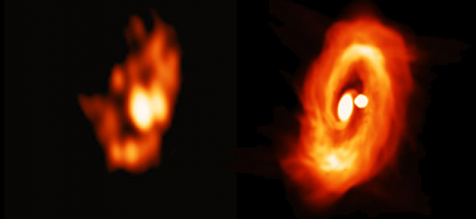 Comparison of the disks in simulation and observation. The right panel shows the disk image simulated with ATERUI, and the left panel the real ALMA image. Credit: ALMA (ESO/NAOJ/NRAO)/Takakuwa et al.
