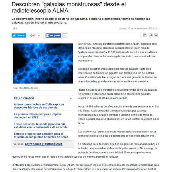 Descubren “galaxias monstruosas”desde el radiotelescopio ALMA