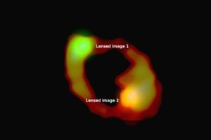 Impresión artística de las observaciones de ALMA de un agujero negro supermasivo con efecto de lente gravitatoria