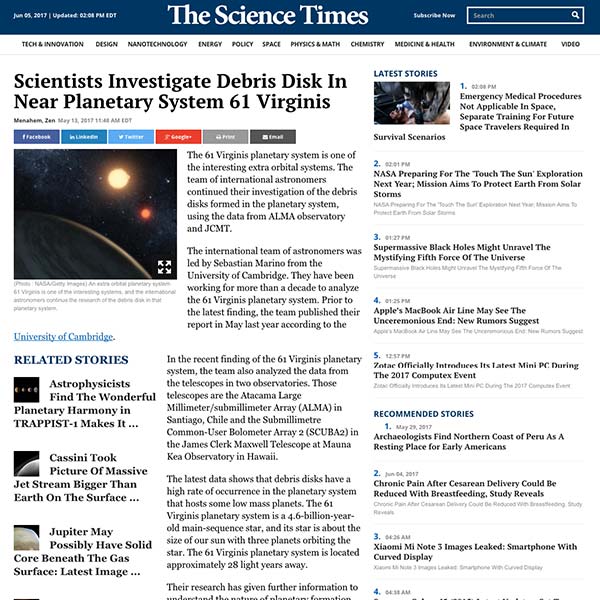 Scientists Investigate Debris Disk In Near Planetary System 61 Virginis