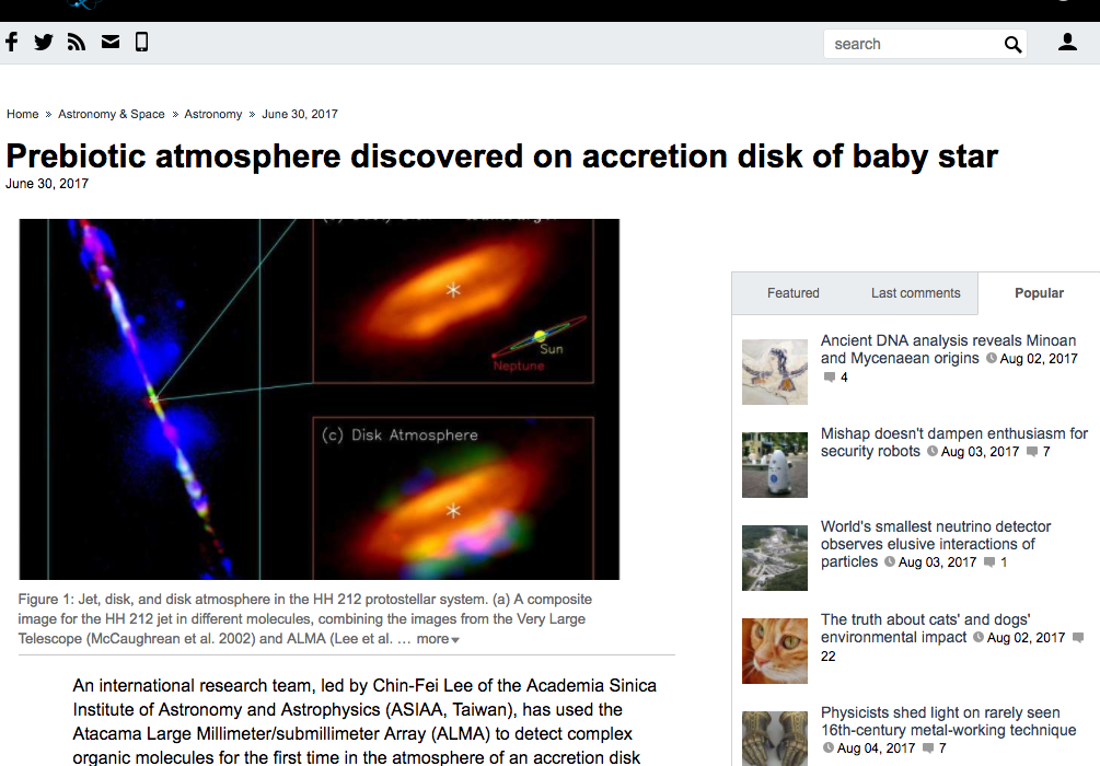 Prebiotic atmosphere discovered on accretion disk of baby star