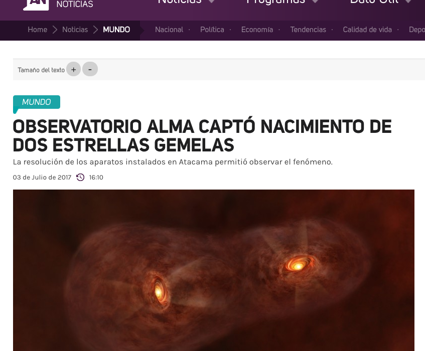 Observatorio ALMA captó nacimiento de dos estrellas gemelas