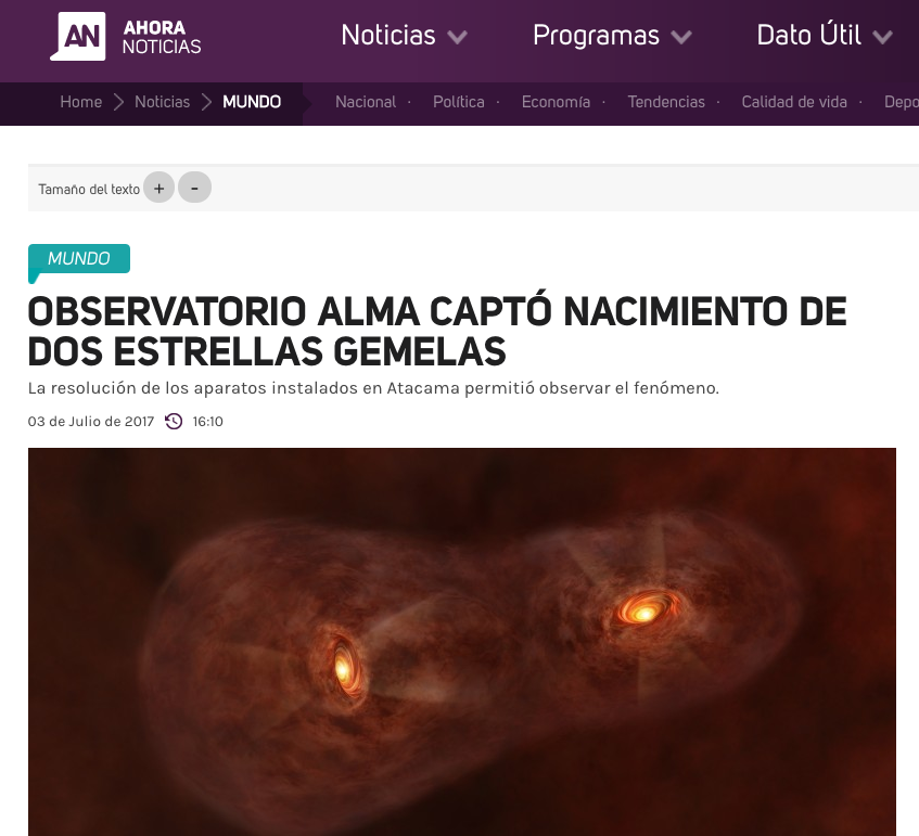 Observatorio ALMA captó nacimiento de dos estrellas gemelas