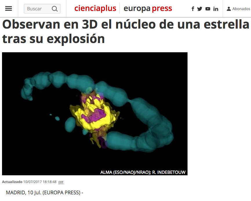 Observan en 3D el núcleo de una estrella tras su explosión