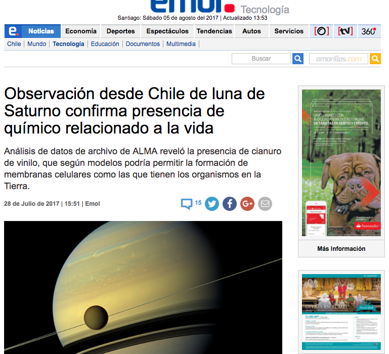 Observación desde Chile de luna de Saturno confirma presencia de químico relacionado a la vida