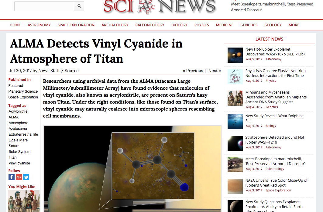 ALMA Detects Vinyl Cyanide in Atmosphere of Titan