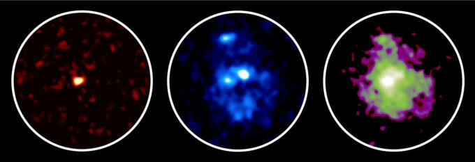 Resultados de observación de una galaxia situada a 11.000 millones de años luz. A la izquierda se muestran las ondas submilimétricas detectadas por ALMA, que reflejan la presencia de densas nubes de polvo y gas, donde se forman estrellas. En el centro y a la derecha se muestran la luz óptica y la luz infrarroja, respectivamente, observadas por el telescopio espacial Hubble. En la luz infrarroja se observa un gran disco galáctico, mientras que la luz óptica muestra tres jóvenes cúmulos estelares. Créditos: ALMA (ESO/NAOJ/NRAO), telescopio espacial Hubble NASA/ESA, Tadaki et al.