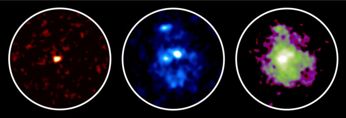 Observation images of a galaxy 11 billion light-years away. Submillimeter waves detected with ALMA are shown in the left, indicating the location of dense dust and gas where stars are being formed. Optical and infrared light seen with the Hubble Space Telescope are shown in the middle and right, respectively. A large galactic disk is seen in infrared, while three young star clusters are seen in optical light. Credit: ALMA (ESO/NAOJ/NRAO), NASA/ESA Hubble Space Telescope, Tadaki et al.