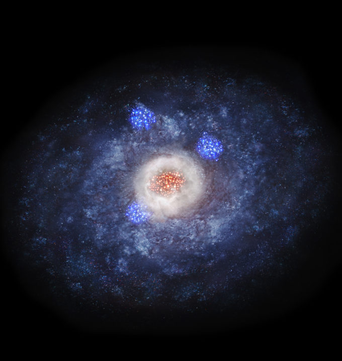 Representación artística de una galaxia espiral transformándose en galaxia elíptica. En la gran nube de polvo y gas situada en el centro de la galaxia se forman estrellas. Créditos: NAOJ
