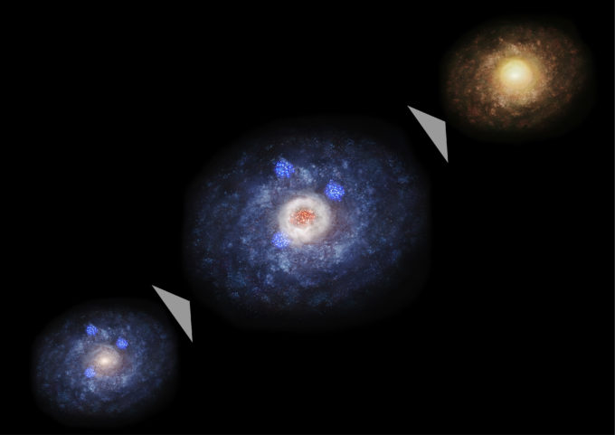 Evolution diagram of a galaxy. First the galaxy is dominated by the disk component (left) but active star formation occurs in the huge dust and gas cloud at the center of the galaxy (center). Then the galaxy is dominated by the stellar bulge and becomes an elliptical or lenticular galaxy. Credit: NAOJ