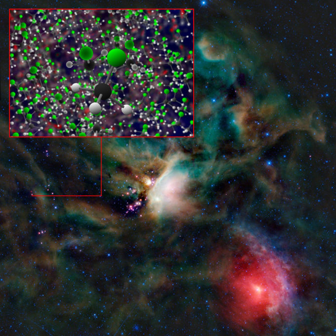 El compuesto organohalogenado clorometano descubierto por ALMA alrededor de estrellas jóvenes en IRAS 16293-2422. Se encontraron los mismos compuestos orgánicos en la delgada atmósfera de 67P/C-G usando la sonda espacial Rosetta. Créditos: B. Saxton (NRAO/AUI/NSF).