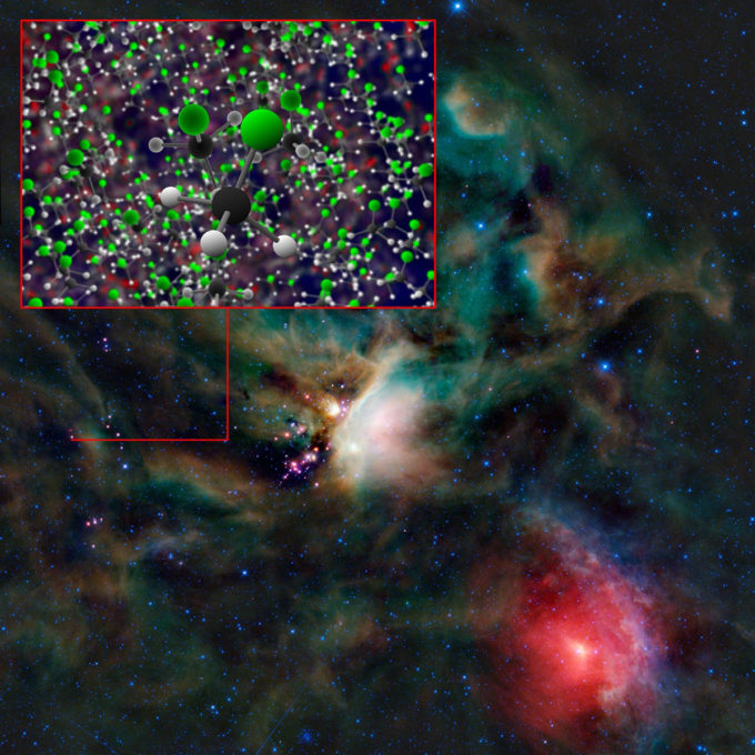 Organohalogen methyl chloride discovered by ALMA around the infant stars in IRAS 16293-2422. These same organic compounds were discovered in the thin atmosphere surrounding 67P/C-G by the Rosetta space probe. Credit: B. Saxton (NRAO/AUI/NSF).