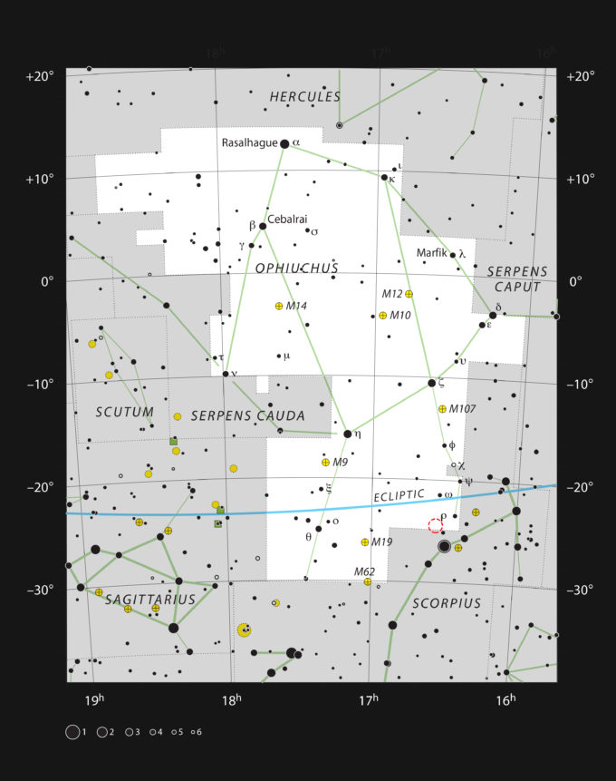 Este mapa muestra la ubicación de la región de formación estelar Rho Ophiuchi en la constelación de Ofiuco (El Portador de la Serpiente). La estrella Rho Ophiuchi, que da nombre a la región, está señalada con la letra griega rho (ρ). La posición de IRAS 16293-2422, una joven estrella binaria con masa similar a la del Sol, está marcada en rojo. Crédito: ESO, IAU and Sky & Telescope.