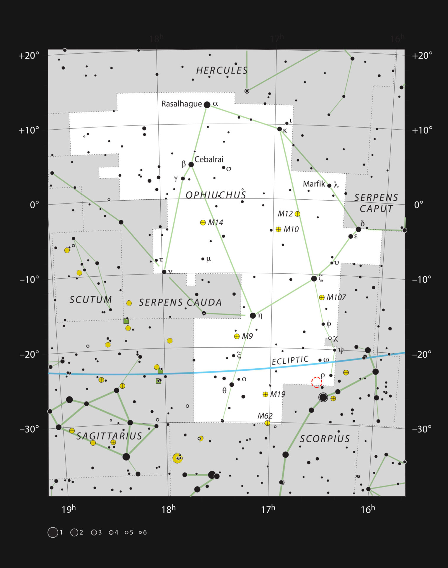 <p>Este mapa muestra la ubicación de la región de formación estelar Rho Ophiuchi en la constelación de Ofiuco (El Portador de la Serpiente). La estrella Rho Ophiuchi, que da nombre a la región, está señalada con la letra griega rho (ρ). La posición de IRAS 16293-2422, una joven estrella binaria con masa similar a la del Sol, está marcada en rojo. Crédito: ESO, IAU and Sky & Telescope.</p>
