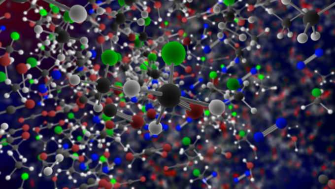 Organohalogen methyl chloride (Freon-40) discovered by ALMA around the infant stars in IRAS 16293-2422. These same organic compounds were discovered in the thin atmosphere surrounding Comet 67P/C-G by the ROSINA instrument on ESA's Rosetta space probe. Credit: B. Saxton (NRAO/AUI/NSF).