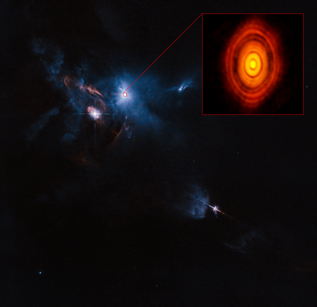 <p>This is the sharpest image ever taken by ALMA — sharper than is routinely achieved in visible light with the NASA/ESA Hubble Space Telescope. It shows the protoplanetary disc surrounding the young star HL Tauri. These new ALMA observations reveal substructures within the disc that have never been seen before and even show the possible positions of planets forming in the dark patches within the system. Credit: ALMA (ESO/NAOJ/NRAO)</p>
