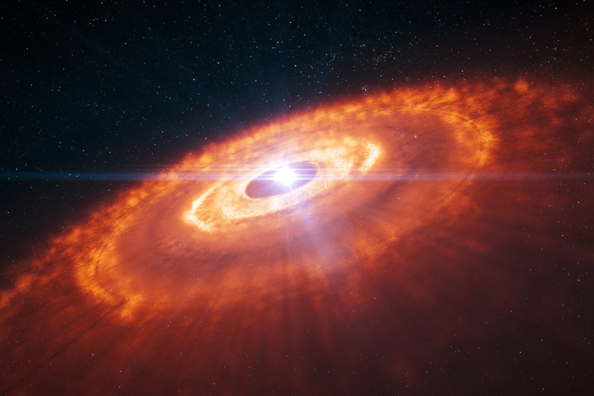 <p>This is an artist’s impression of a young star surrounded by a protoplanetary disc in which planets are forming. Using ALMA’s 15-kilometre baseline astronomers were able to make the first detailed image of a protoplanetary disc, which revealed the complex structure of the disc. Concentric rings of gas, with gaps indicating planet formation, are visible in this artist’s impression and were predicted by computer simulations. Now these structures have been observed by ALMA for the first time. Credit: ESO/L. Calçada</p>
