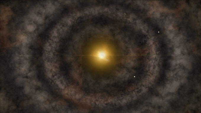 Artist's impression of a protoplanetary disk. Newly formed planets can be seen traveling around the central host star, sweeping their orbits clear of dust and gas. These same ring-link structures were observed recently by ALMA around the young star HL Tau. Credit: National Science Foundation, A. Khan