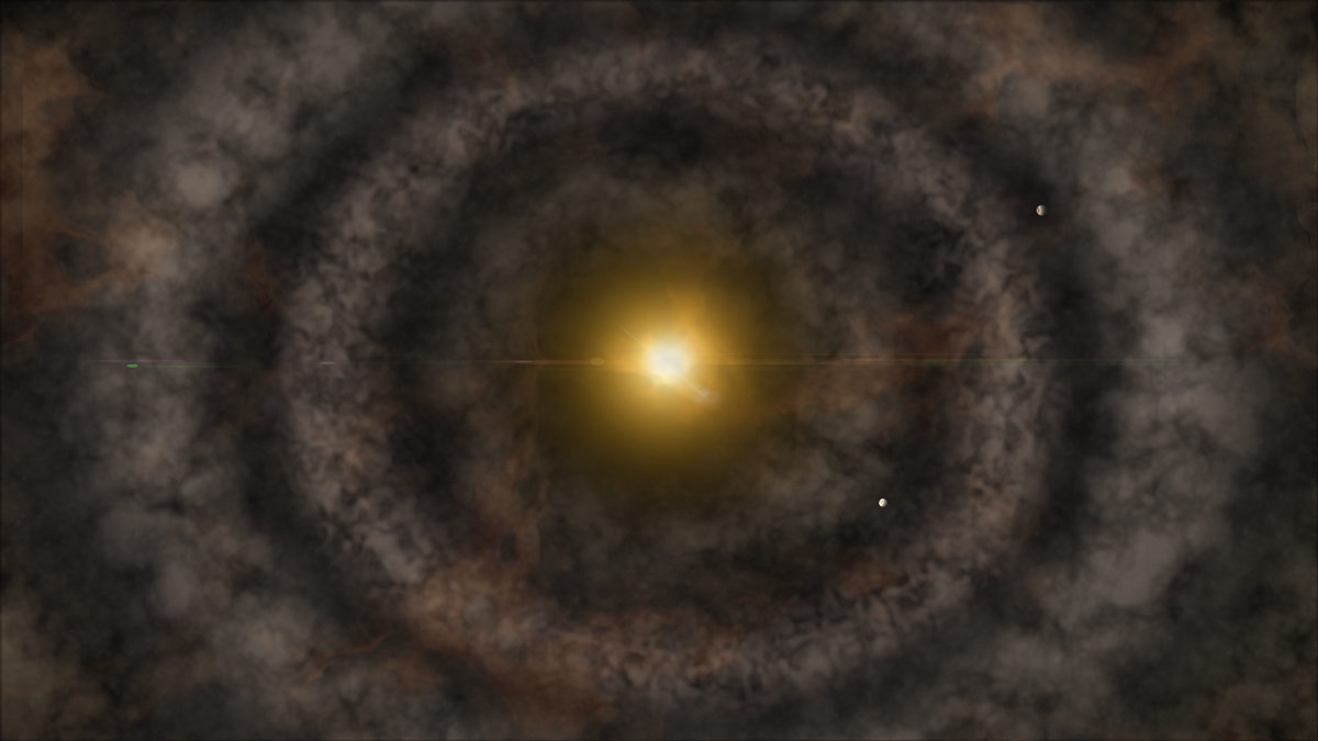 <p>Artist’s impression of a protoplanetary disk. Newly formed planets can be seen traveling around the central host star, sweeping their orbits clear of dust and gas. These same ring-link structures were observed recently by ALMA around the young star HL Tau. Credit: National Science Foundation, A. Khan</p>

