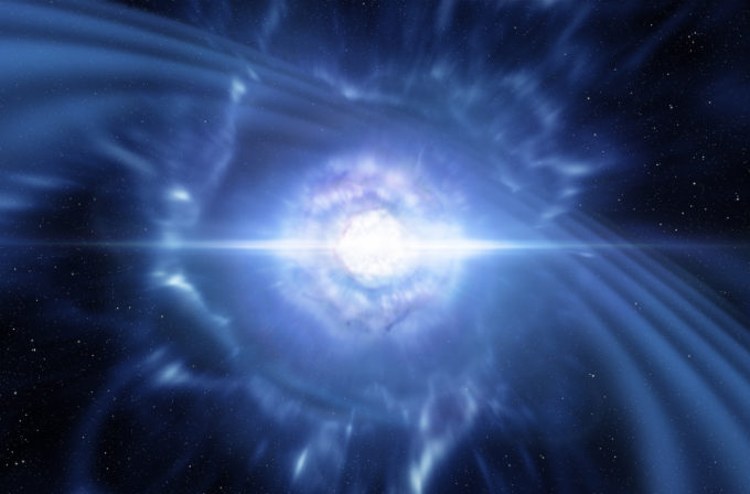 This artist’s impression shows two tiny but very dense neutron stars at the point at which they merge and explode as a kilonova. Such a very rare event is expected to produce both gravitational waves and a short gamma-ray burst, both of which were observed on 17 August 2017 by LIGO–Virgo and Fermi/INTEGRAL respectively. Subsequent detailed observations with many ESO telescopes confirmed that this object, seen in the galaxy NGC 4993 about 130 million light-years from the Earth, is indeed a kilonova. Such objects are the main source of very heavy chemical elements, such as gold and platinum, in the Universe. Credit: ESO/L. Calçada/M. Kornmesser