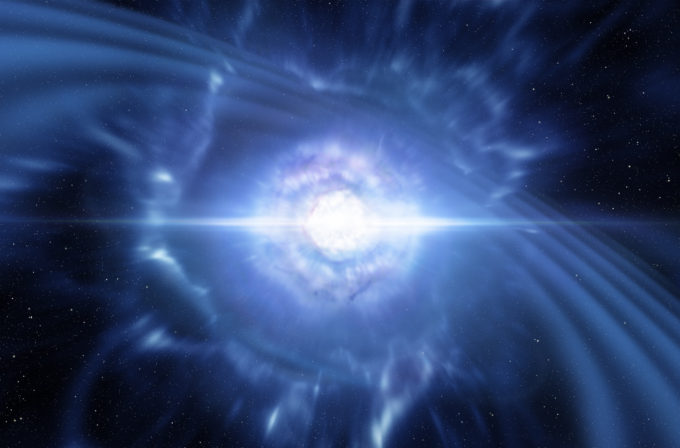 Esta ilustración muestra a dos pequeñas, pero muy densas, estrellas de neutrones en el punto en el que se fusionan y explotan como una kilonova. Se espera que un evento tan excepcional produzca ondas gravitacionales y un estallido de rayos gamma cortos, y ambos se observaron el 17 de agosto de 2017 con LIGO-Virgo y Fermi/INTEGRAL respectivamente. Posteriores observaciones detalladas con muchos telescopios de ESO confirmaron que este objeto, visto en la galaxia NGC 4993, situada a unos de 130 millones años luz de la Tierra, es de hecho un kilonova. Este tipo de objetos son la fuente principal de elementos químicos muy pesados (como oro y platino) en el universo. Crédito: ESO/L. Calçada/M. Kornmesser