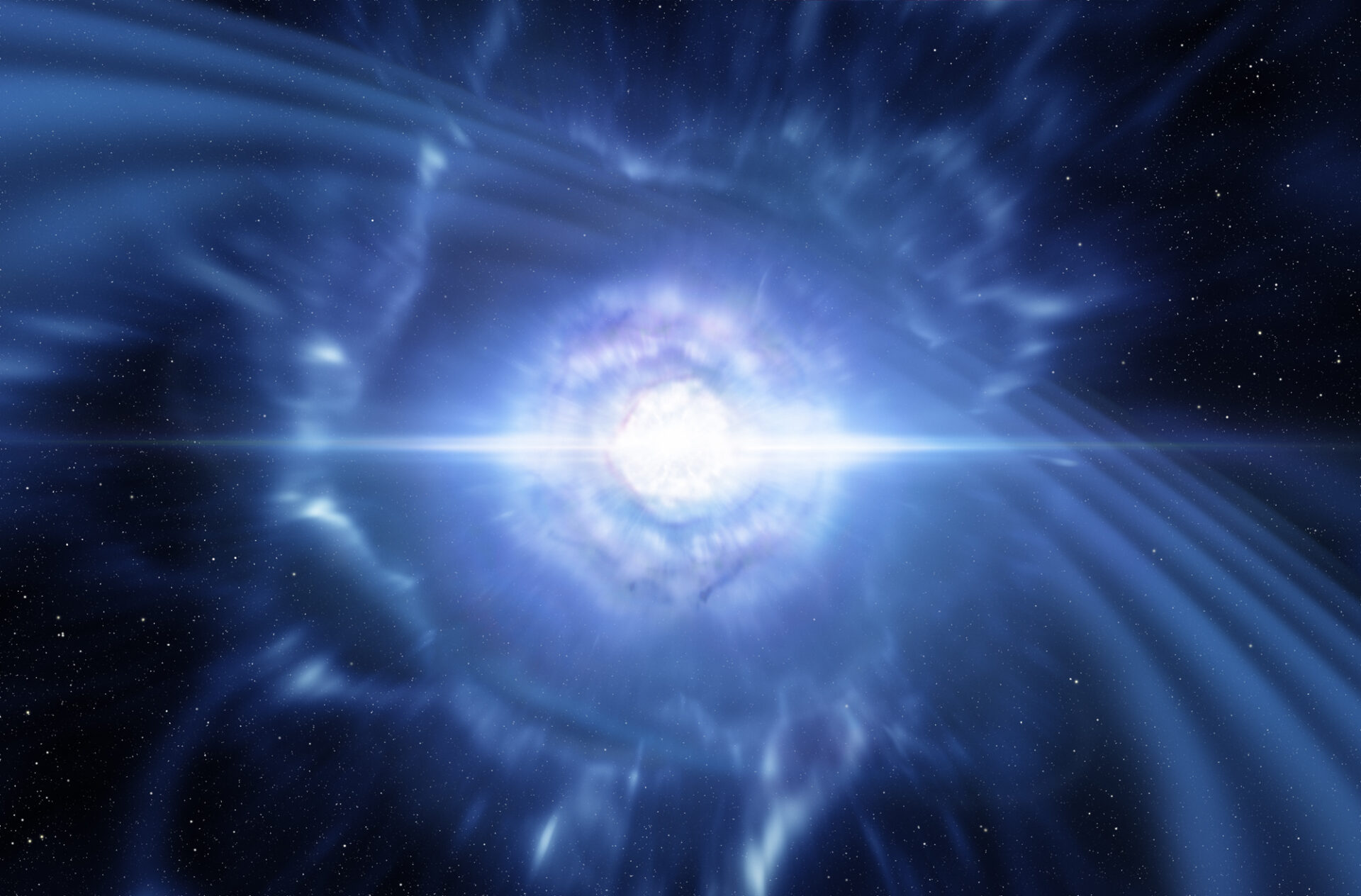 <p>This artist’s impression shows two tiny but very dense neutron stars at the point at which they merge and explode as a kilonova. Such a very rare event is expected to produce both gravitational waves and a short gamma-ray burst, both of which were observed on 17 August 2017 by LIGO–Virgo and Fermi/INTEGRAL respectively. Subsequent detailed observations with many ESO telescopes confirmed that this object, seen in the galaxy NGC 4993 about 130 million light-years from the Earth, is indeed a kilonova. Such objects are the main source of very heavy chemical elements, such as gold and platinum, in the Universe.</p>
<p>Credit: ESO/L. Calçada/M. Kornmesser</p>
