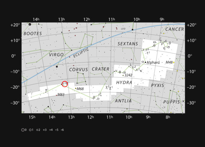 Este mapa muestra la extensa constelación de Hidra (la serpiente marina), la constelación más grande y más larga en el cielo. La mayoría de las estrellas que se muestran, pueden verse a simple vista en una noche despejada. El círculo rojo señala la posición de la galaxia NGC 4993, que se hizo famosa en agosto de 2017 por ser el lugar en el que se observó la primera fuente de ondas gravitacionales que también pudo identificarse en luz visible, la kilonova GW170817. Con un telescopio para aficionados grande, NGC 4993 puede verse como una mancha muy tenue. Crédito: ESO, IAU and Sky & Telescope