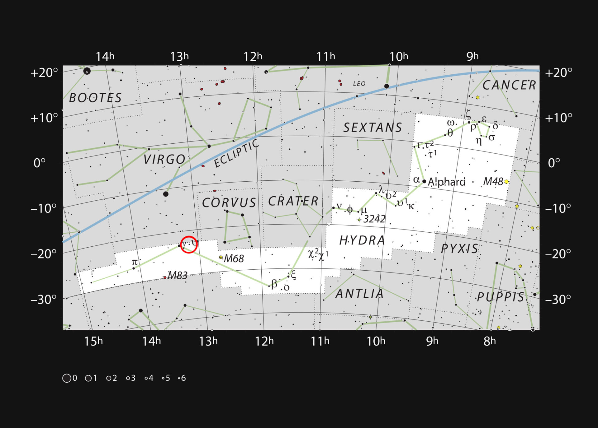 <p>This chart shows the sprawling constellation of Hydra (The Female Sea Serpent), the largest and longest constellation in the sky. Most stars visible to the naked eye on a clear dark night are shown. The red circle marks the position of the galaxy NGC 4993, which became famous in August 2017 as the site of the first gravitational wave source that was also identified in light visible light as the kilonova GW170817. NGC 4993 can be seen as a very faint patch with a larger amateur telescope.</p>
<p>Credit: ESO, IAU and Sky & Telescope</p>
