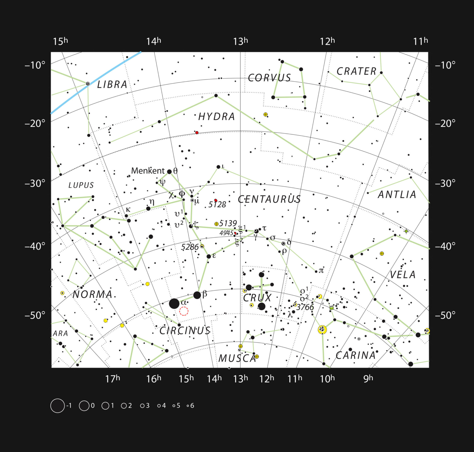 <p>This chart shows the large southern constellation of Centaurus (The Centaur) and shows most of the stars visible with the naked eye on a clear dark night. The location of the closest star to the Solar System, Proxima Centauri, is marked with a red circle. Proxima is too faint to see with the unaided eye but can be found using a small telescope. Credit: ESO/IAU and Sky & Telescope</p>
