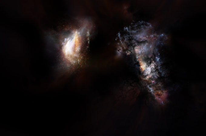 Representación artística de un par de galaxias en los comienzos del Universo. Créditos: NRAO/AUI/NSF; D. Berry
